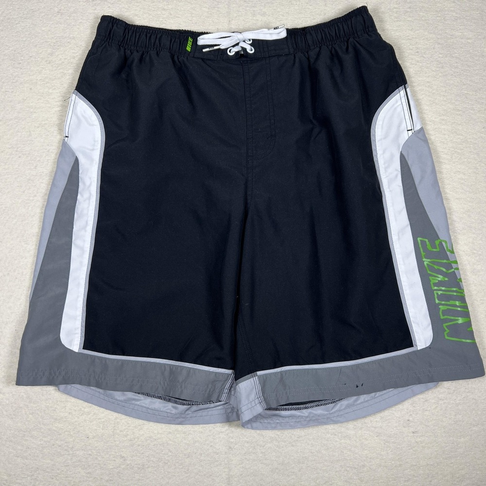 Nike Swim Trunks‎ Mens XL Black Gray Board Shorts Drawstring Lined Pockets